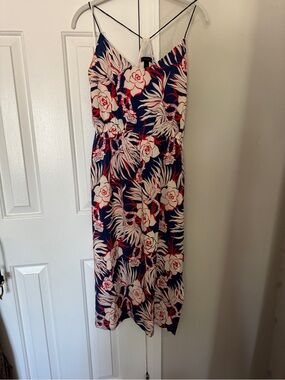 J. Crew silk Navy Floral Midi Dress with Cream & Red Print